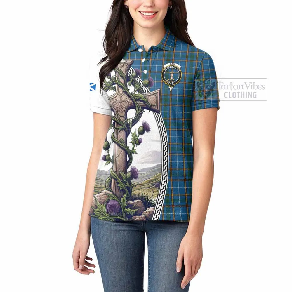 Bain Tartan Women's Polo Shirt with Family Crest and St. Andrew's Cross Accented by Thistle Vines