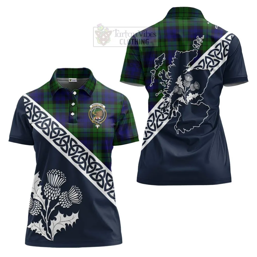 Bannatyne Tartan Women's Polo Shirt Featuring Thistle and Scotland Map