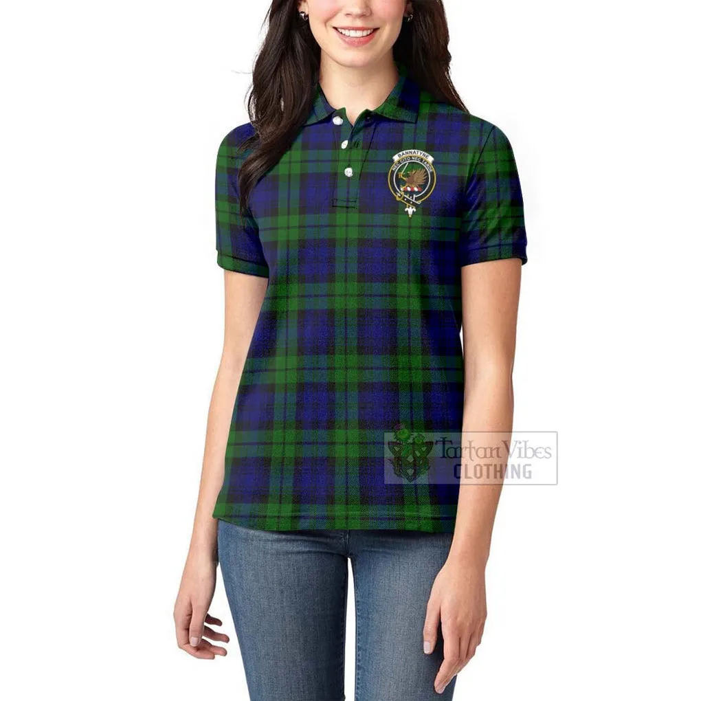 Bannatyne Tartan Women's Polo Shirt with Family Crest and Bearded Skull Holding Bottles of Whiskey