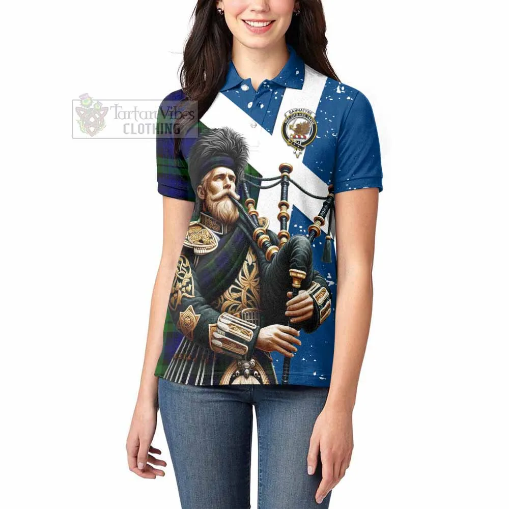 Bannatyne Tartan Women's Polo Shirt with Family Crest Scottish Bagpiper Vibes
