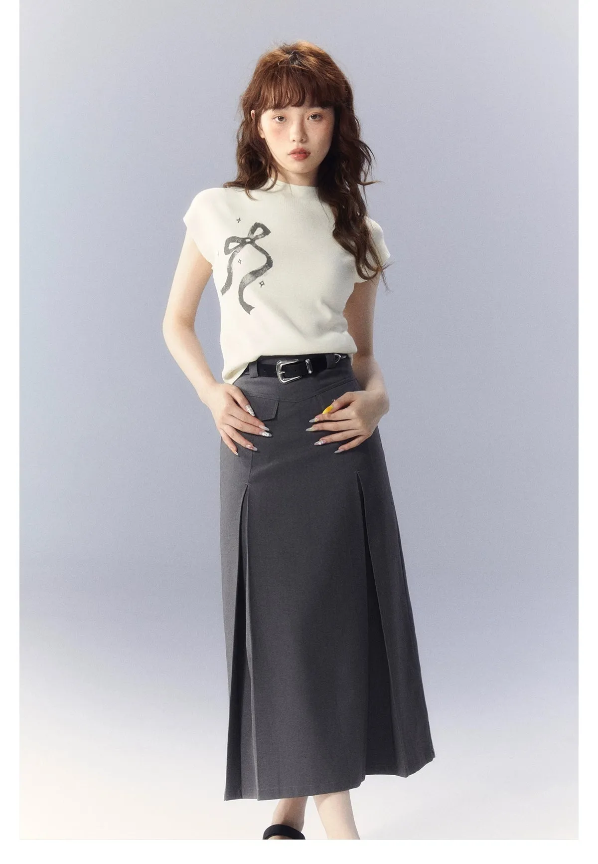 (Final Sale) Gray A-line Pleated Suit Skirt