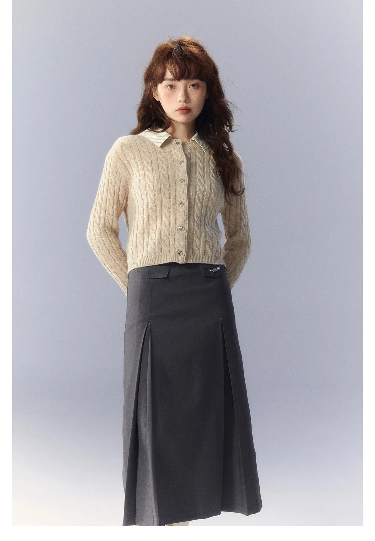 (Final Sale) Gray A-line Pleated Suit Skirt
