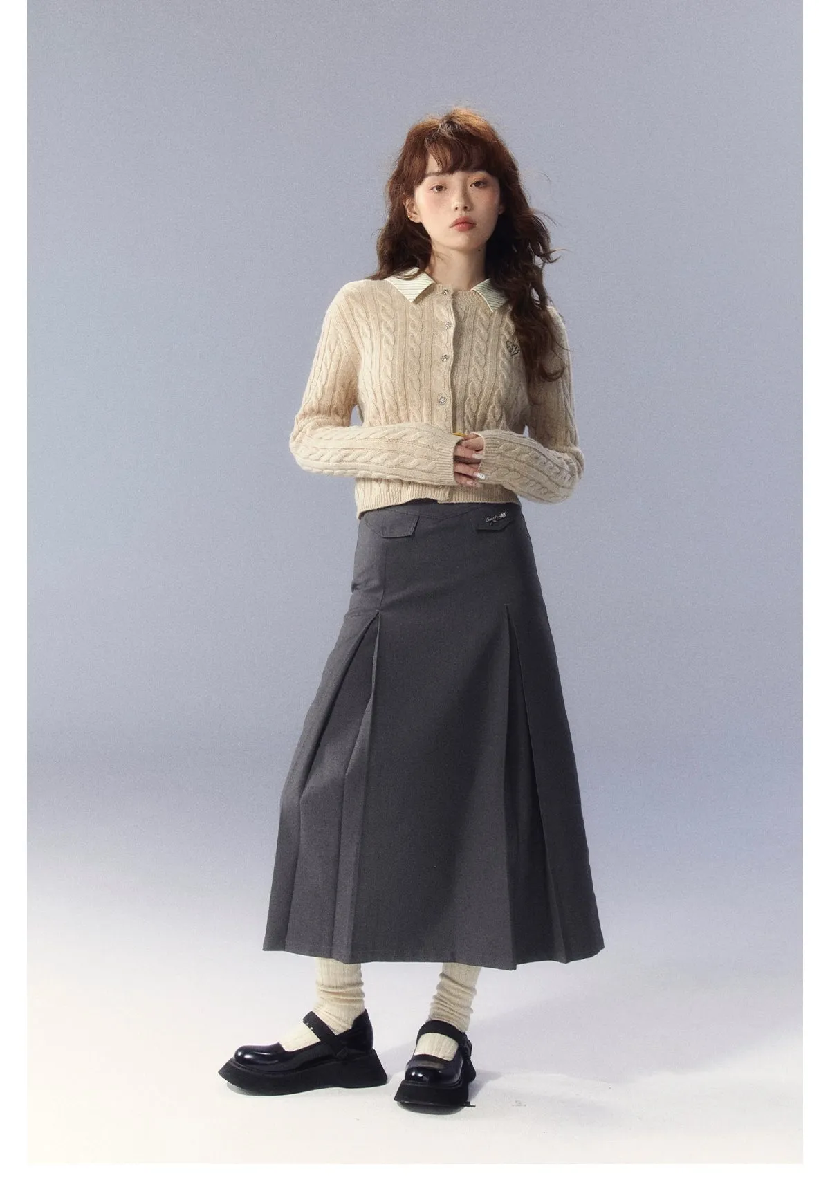 (Final Sale) Gray A-line Pleated Suit Skirt