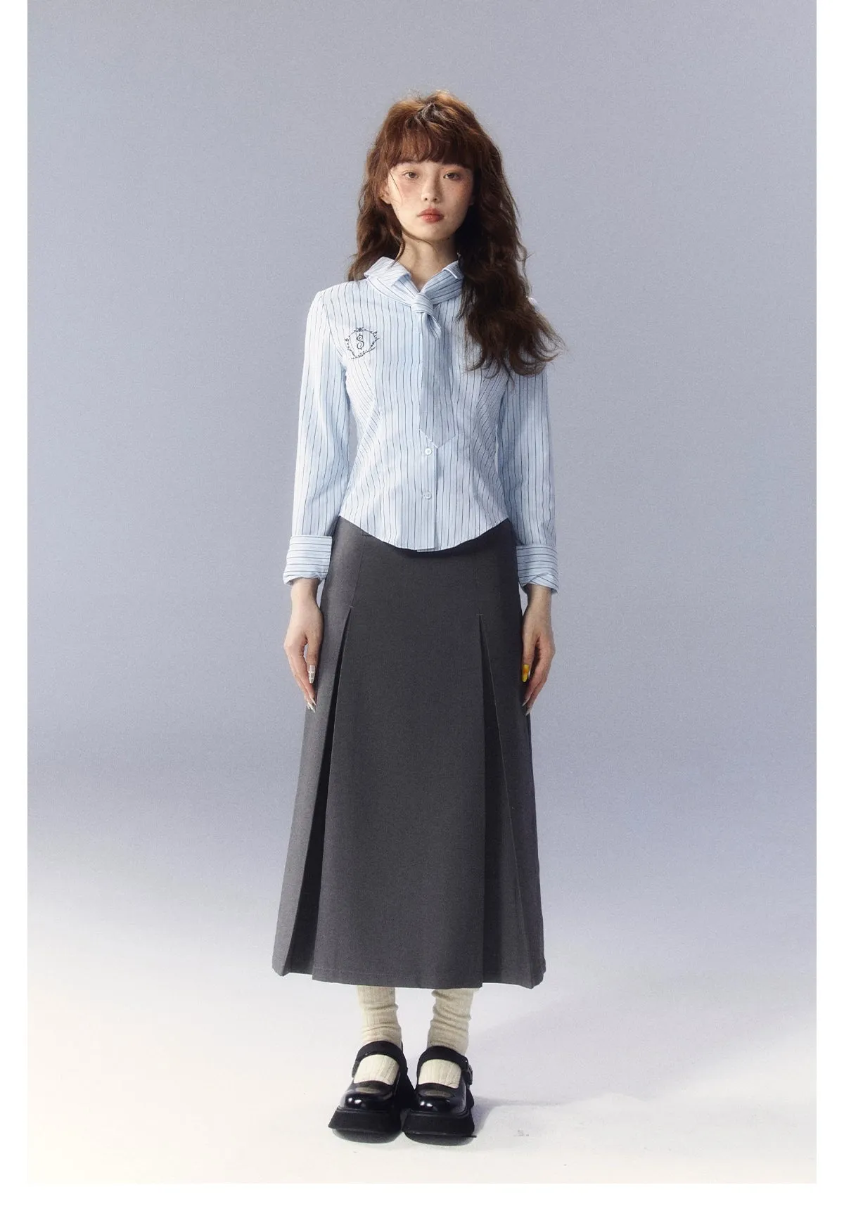 (Final Sale) Gray A-line Pleated Suit Skirt