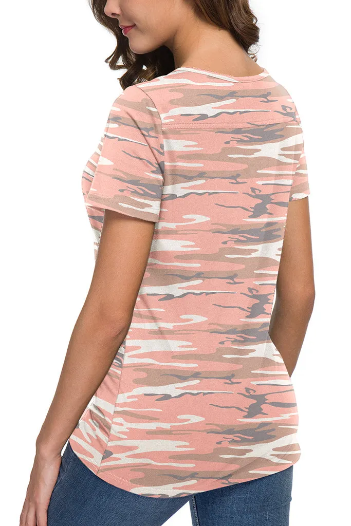 Floral Short Sleeve Henley Button up T Shirt