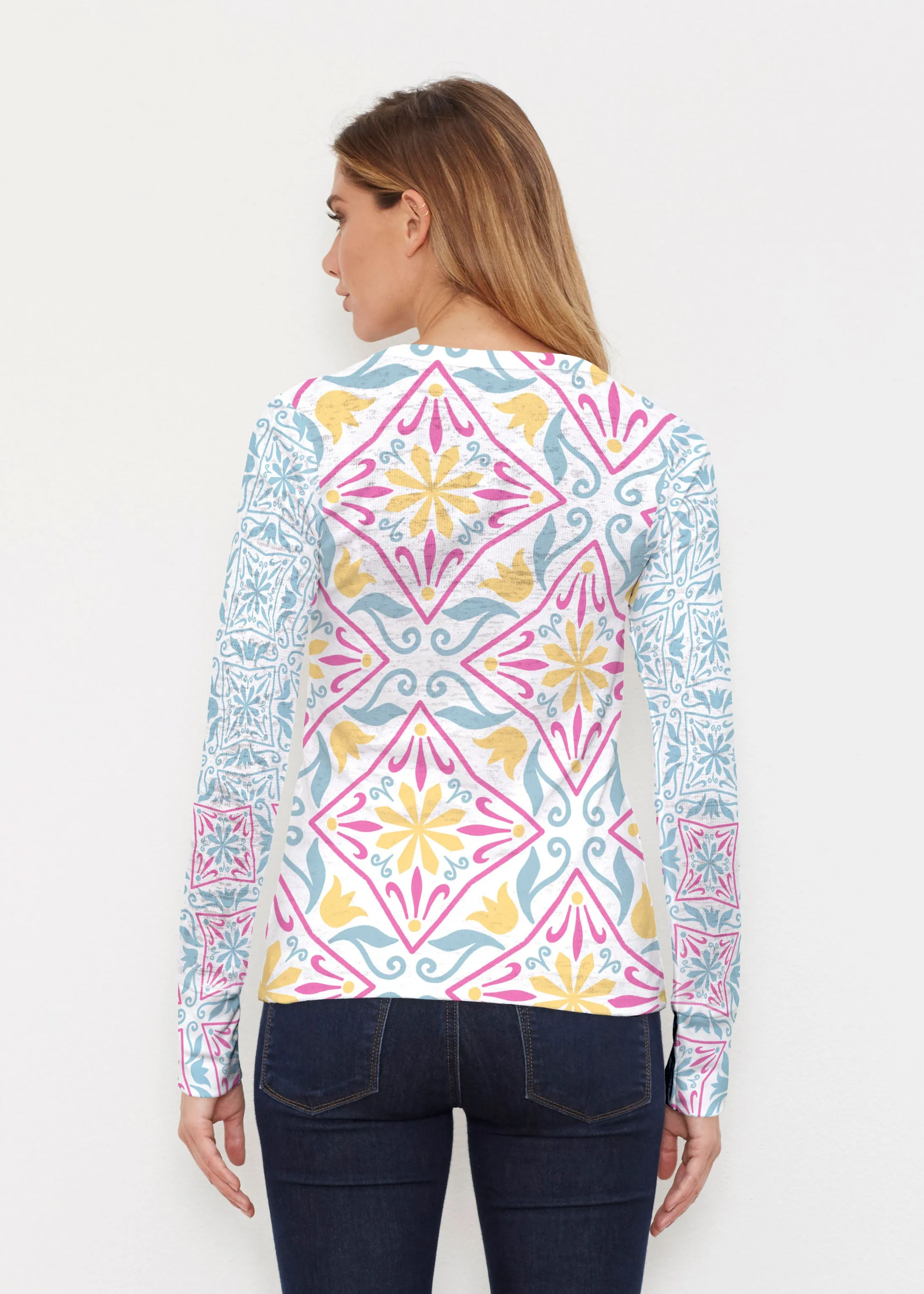 Geo Tile Blue (8158) ~ Thermal Long Sleeve Crew Shirt