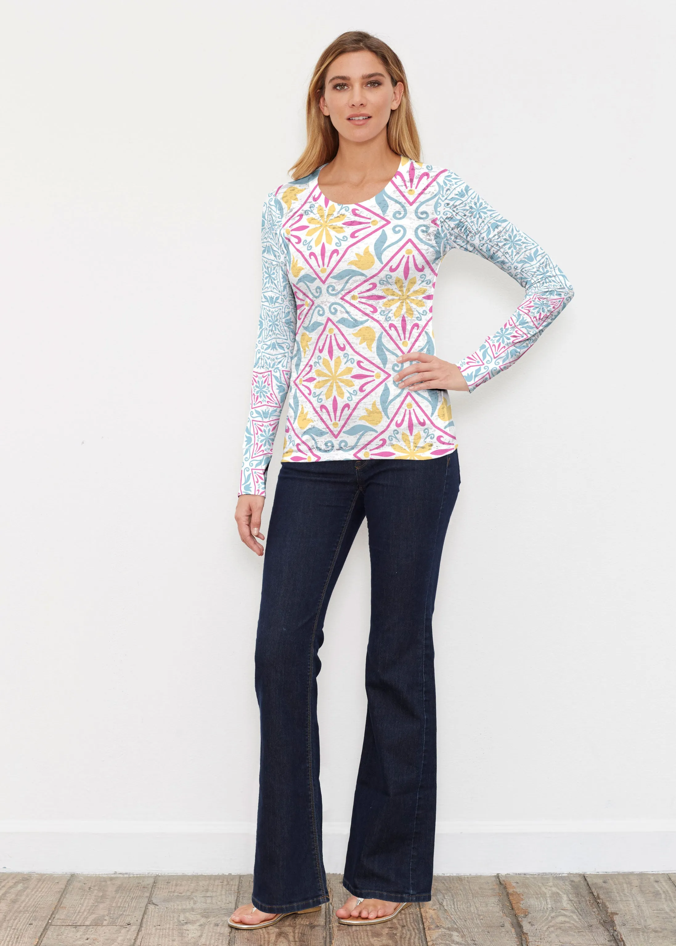 Geo Tile Blue (8158) ~ Thermal Long Sleeve Crew Shirt