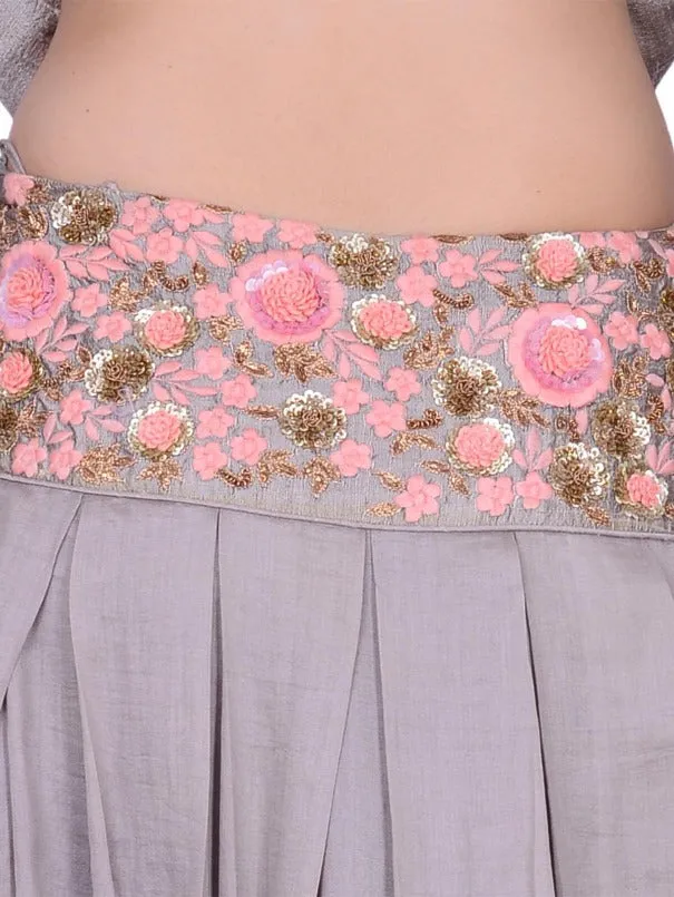 Grey Peach Raw Silk Embroidered Lehenga and Crop Top