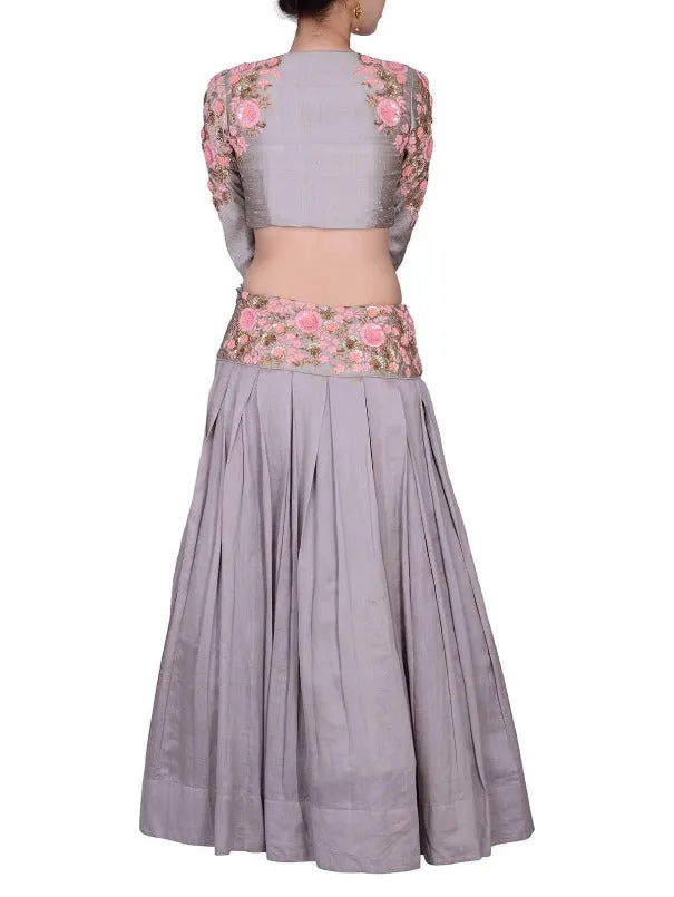 Grey Peach Raw Silk Embroidered Lehenga and Crop Top