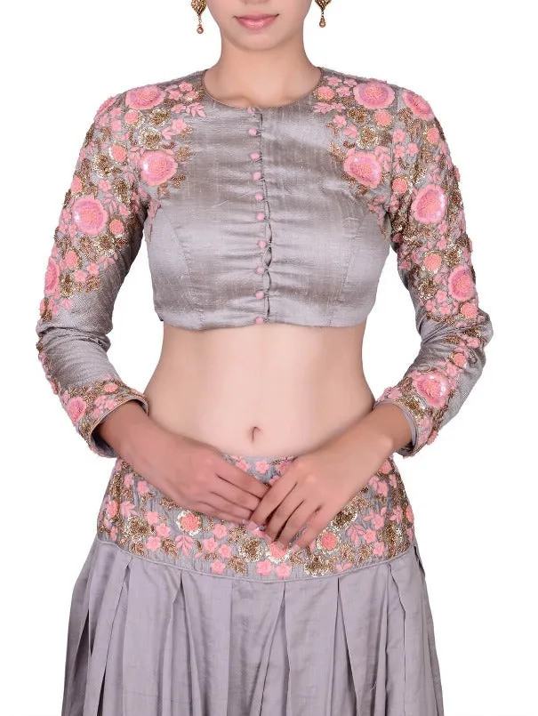 Grey Peach Raw Silk Embroidered Lehenga and Crop Top