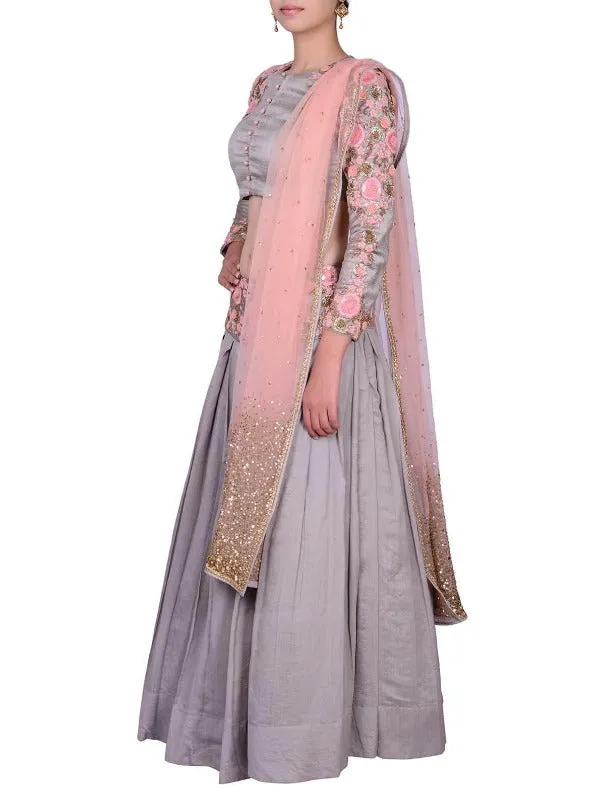 Grey Peach Raw Silk Embroidered Lehenga and Crop Top
