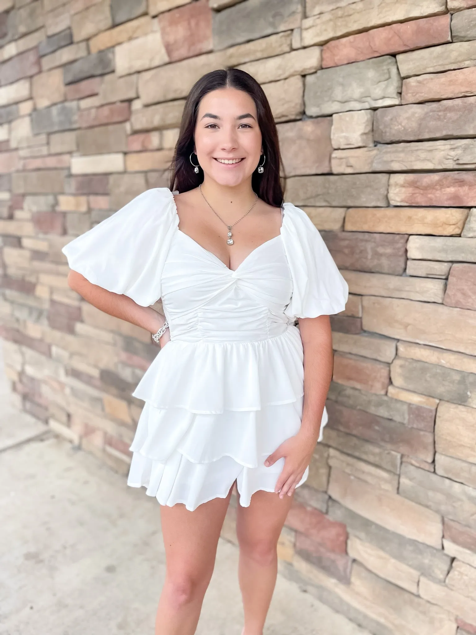 I Want It All Tiered Romper With Puffed Sleeves In White