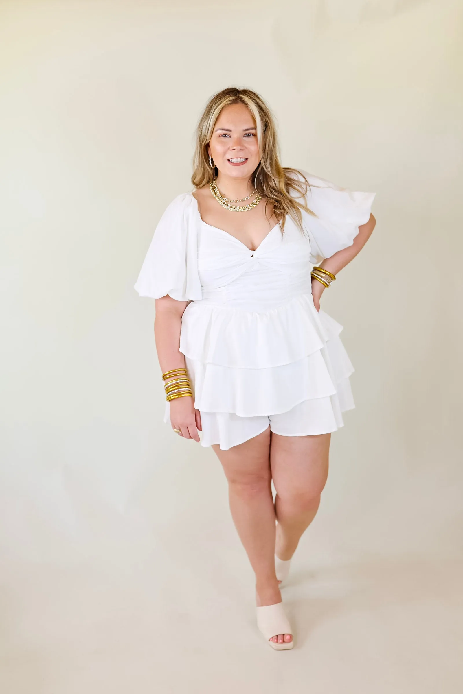 I Want It All Tiered Romper With Puffed Sleeves In White