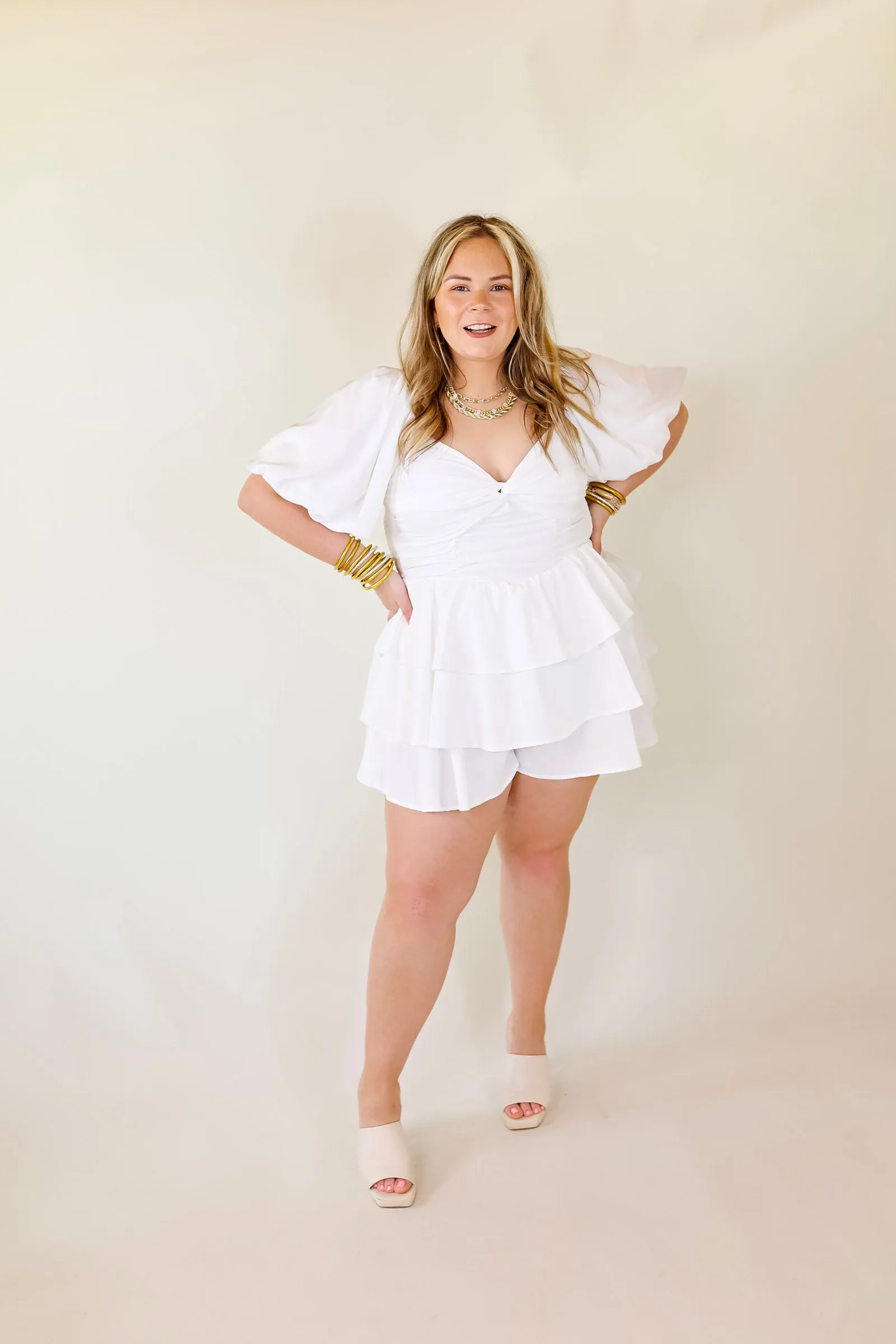 I Want It All Tiered Romper With Puffed Sleeves In White