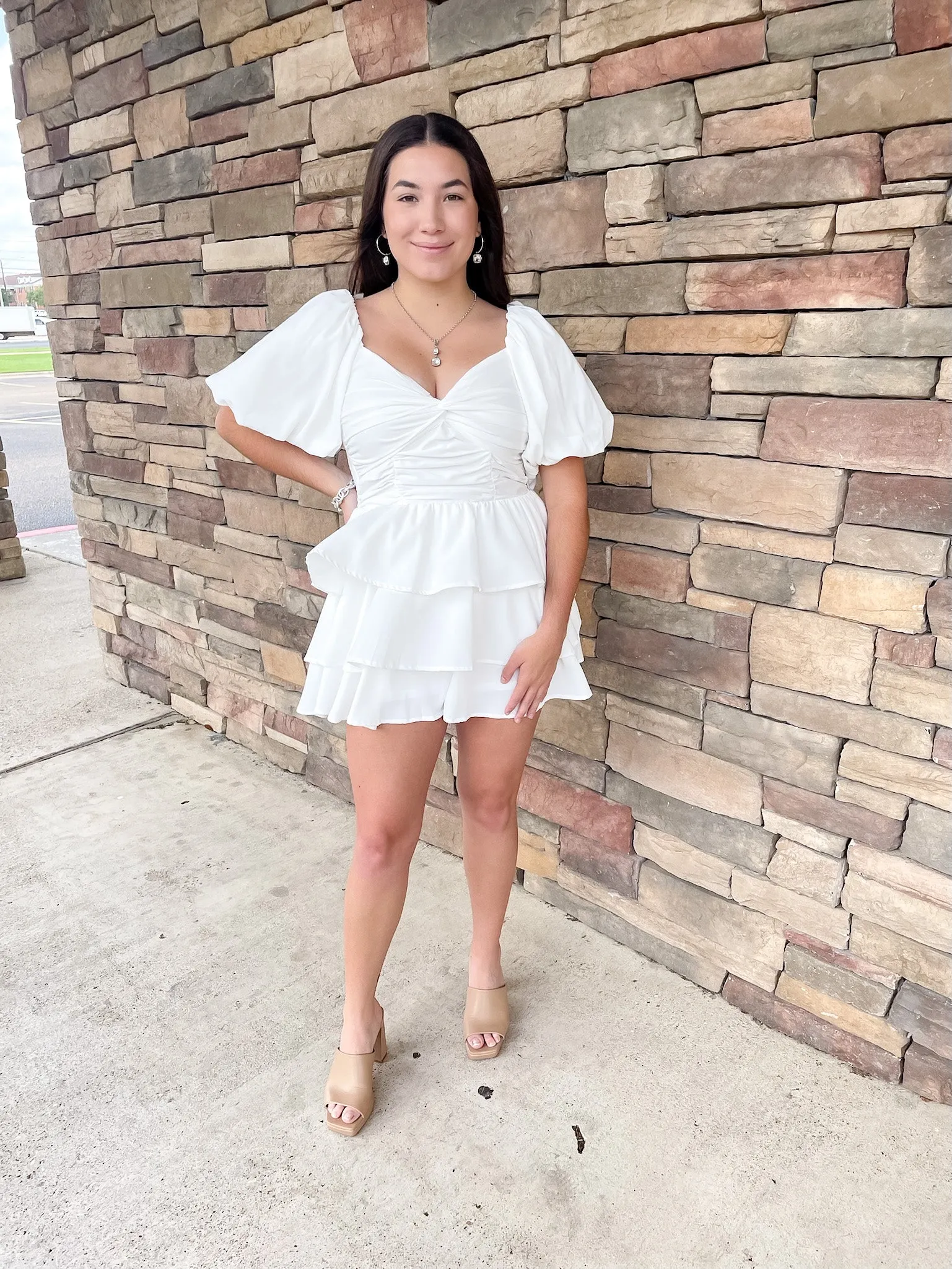 I Want It All Tiered Romper With Puffed Sleeves In White