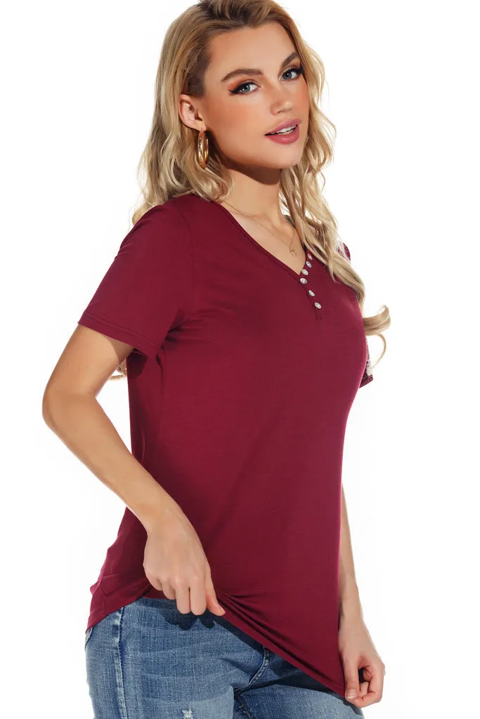 Solid Short Sleeve Henley Button up T Shirt