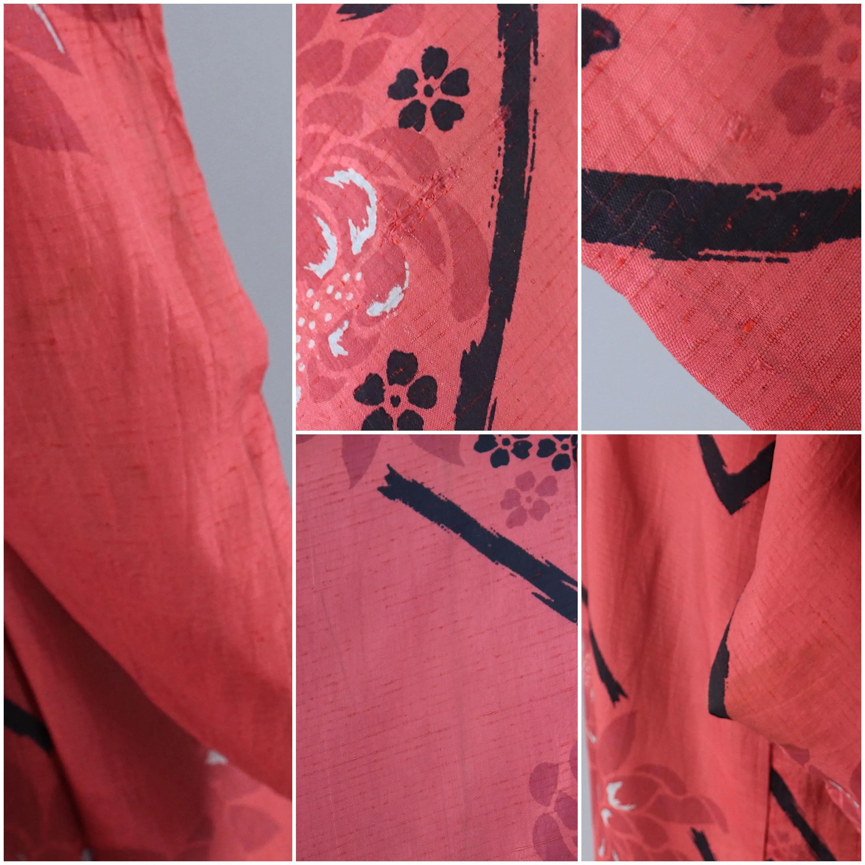 Vintage 1940s Silk Haori Kimono Jacket / Red & Black Floral Raw Silk