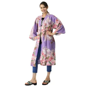 Women's Happi Coat: Kimono Robe - Flowers in Bloom Purple