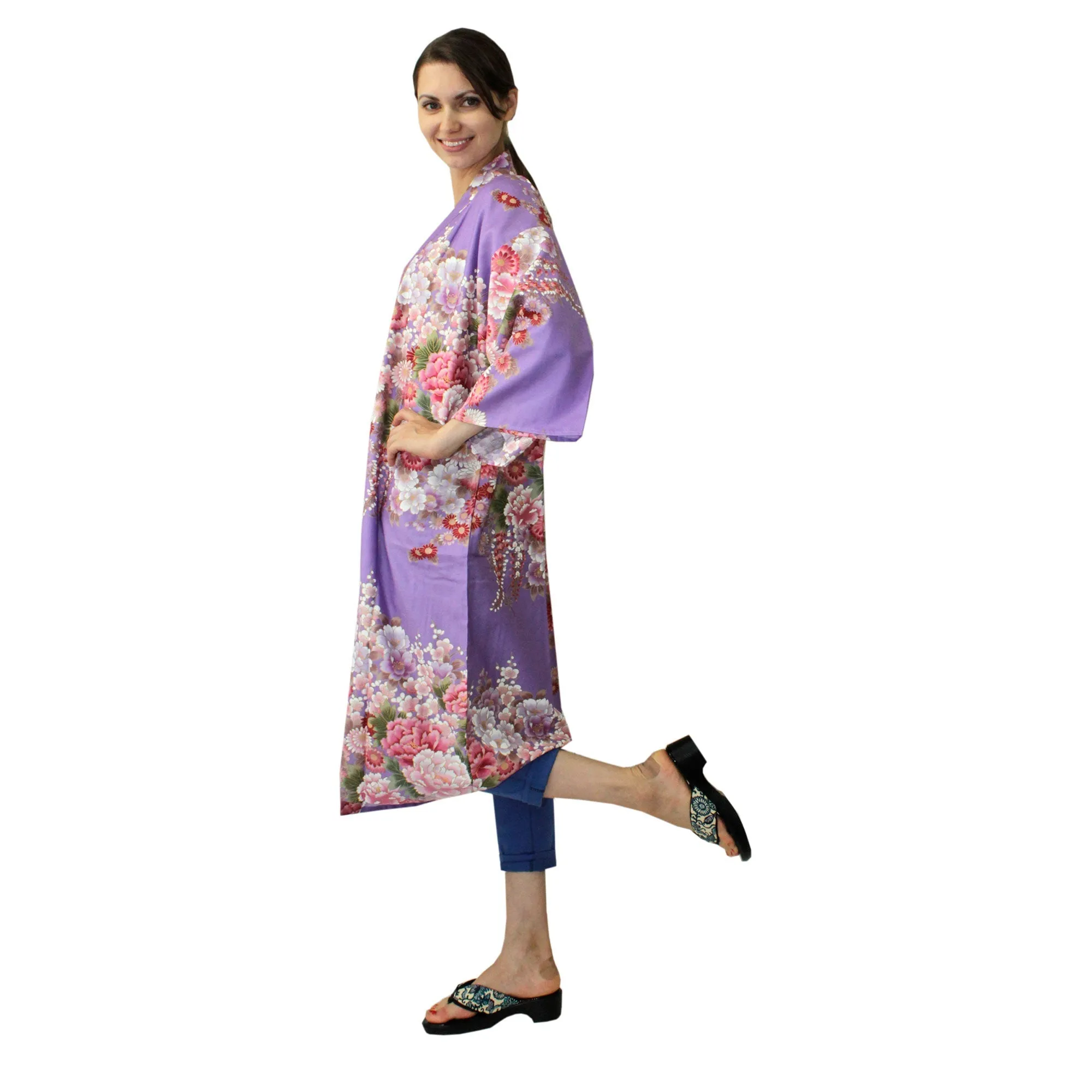 Women's Happi Coat: Kimono Robe - Flowers in Bloom Purple
