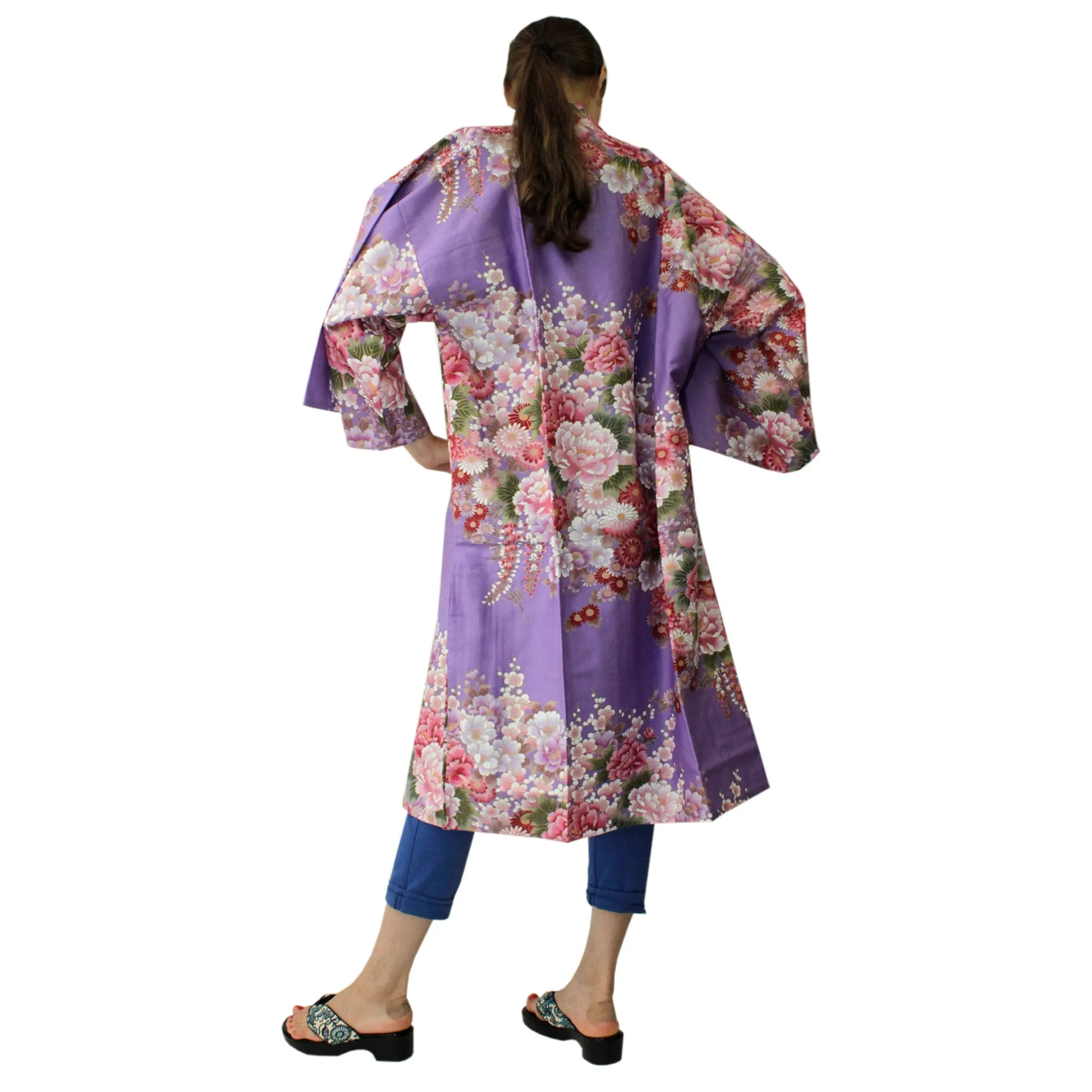 Women's Happi Coat: Kimono Robe - Flowers in Bloom Purple