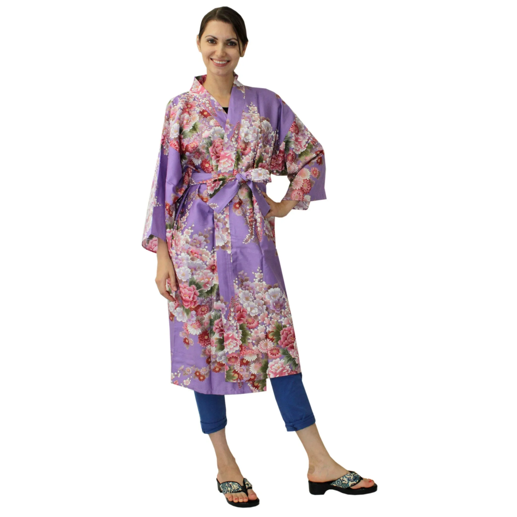 Women's Happi Coat: Kimono Robe - Flowers in Bloom Purple