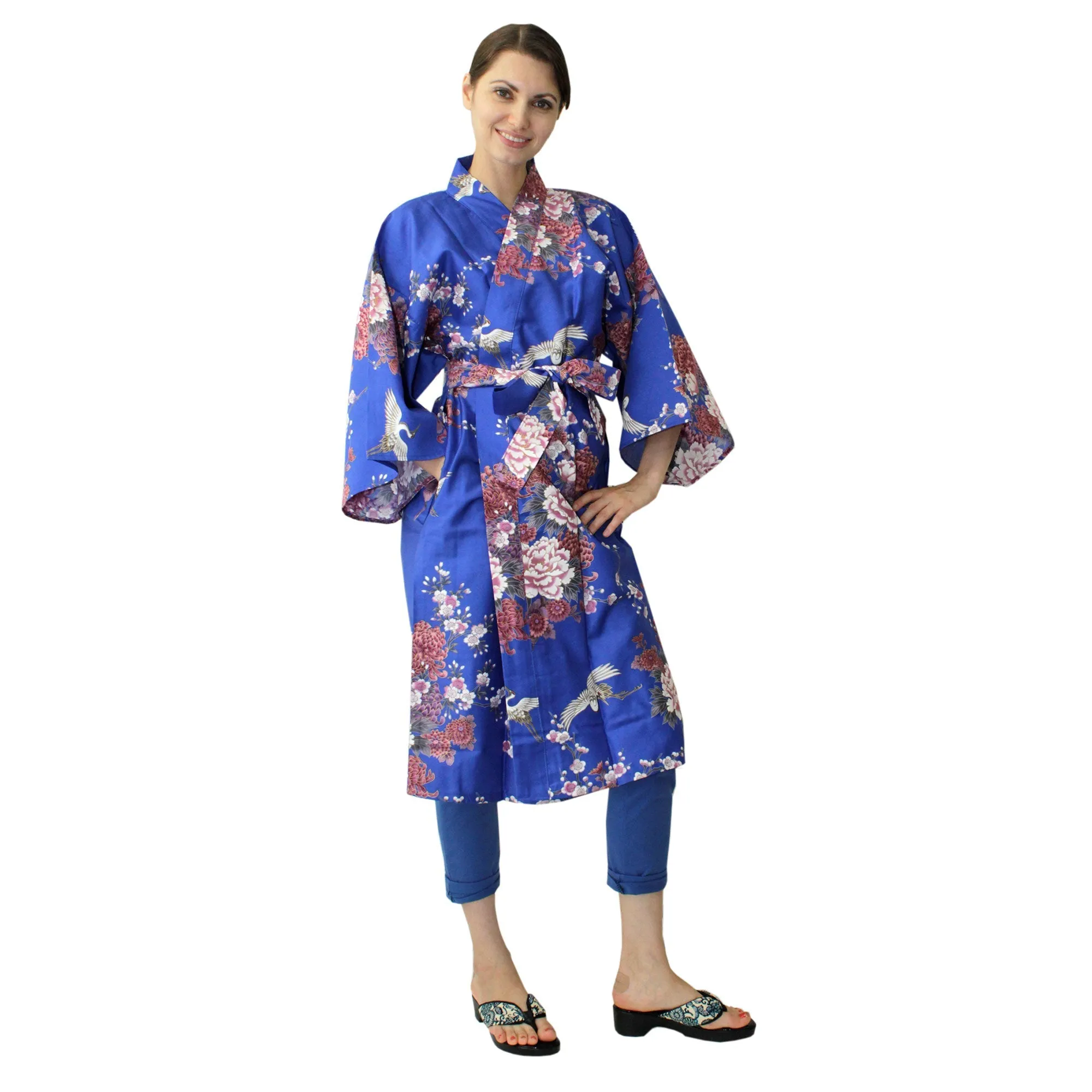 Women's Happi Coat: Kimono Robe - Flying Crane & Peony Blue
