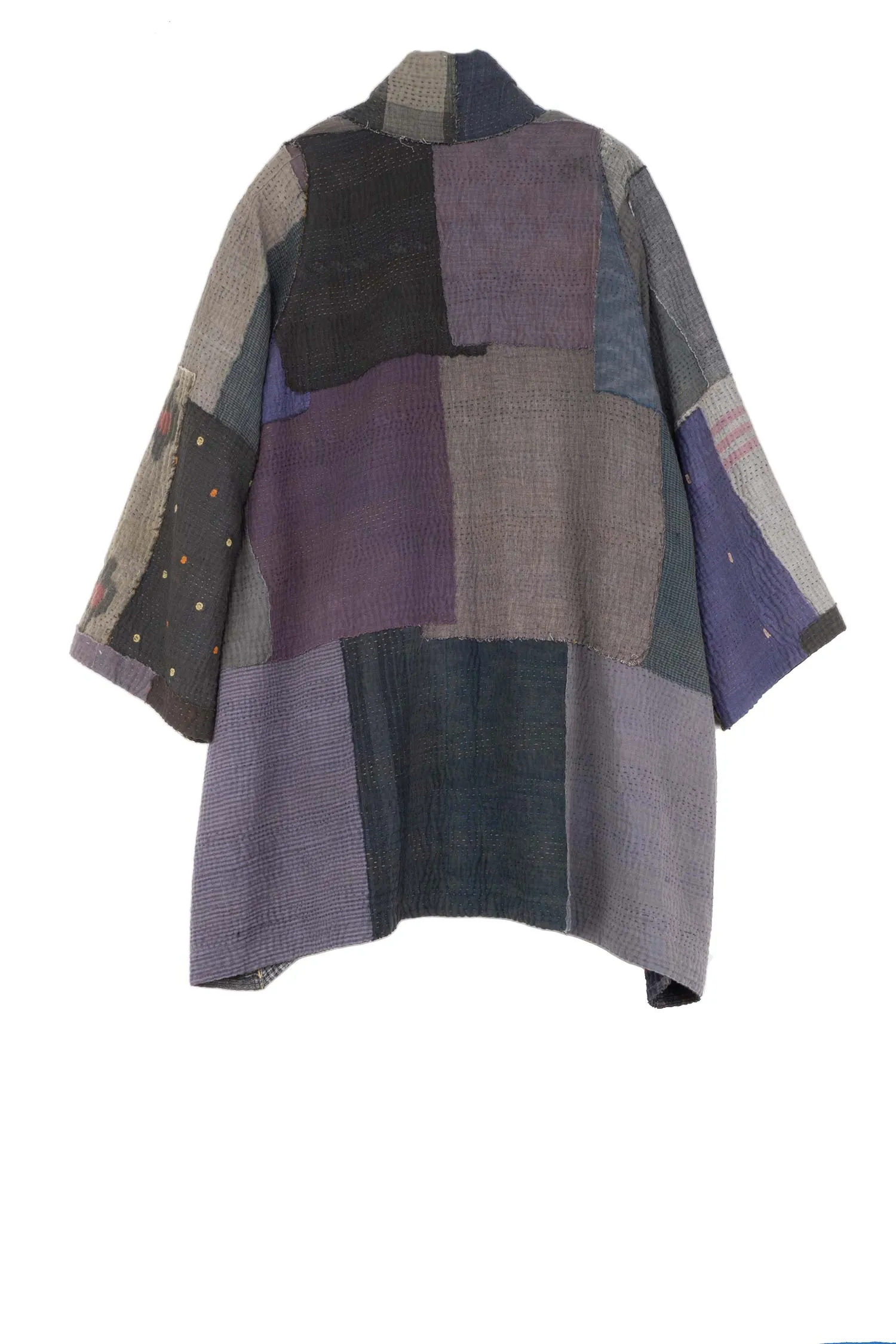 WOVEN IKAT & FRAYED PATCH KANTHA A-LINE JKT - wk4003-gry -
