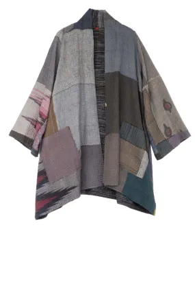 WOVEN IKAT & FRAYED PATCH KANTHA A-LINE JKT - wk4003-gry -
