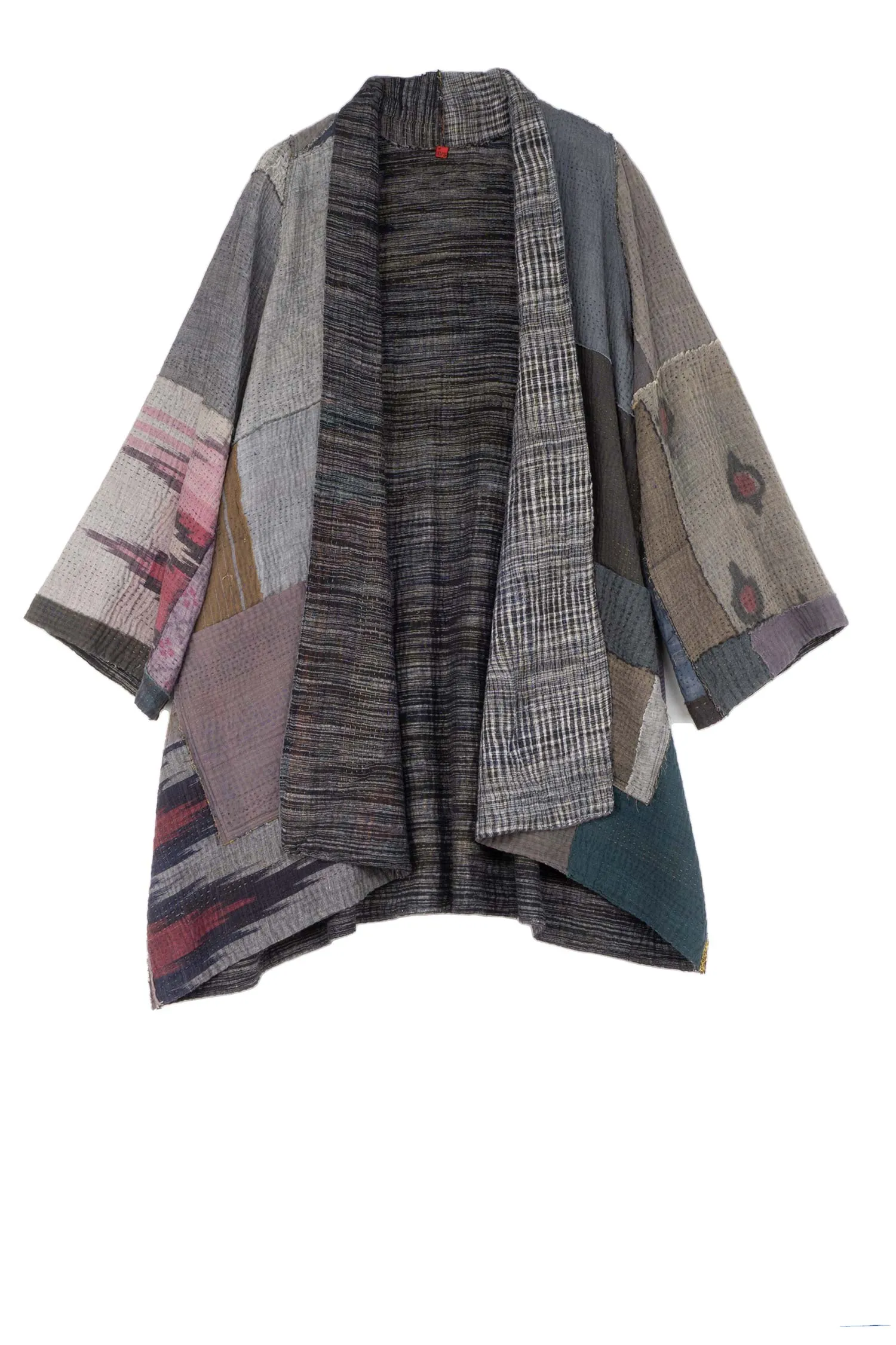 WOVEN IKAT & FRAYED PATCH KANTHA A-LINE JKT - wk4003-gry -