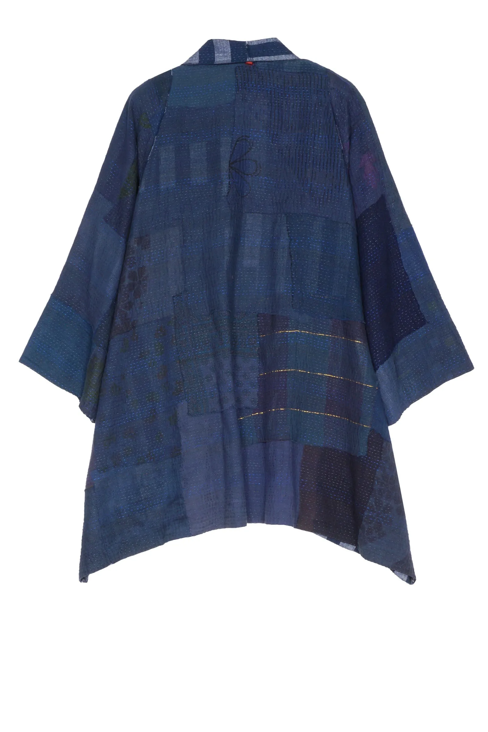 WOVEN STRIPE FRAYED PATCH BACK KANTHA A-LINE JKT - wp2003-nvy -