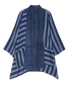 WOVEN STRIPE FRAYED PATCH BACK KANTHA A-LINE JKT - wp2003-nvy -