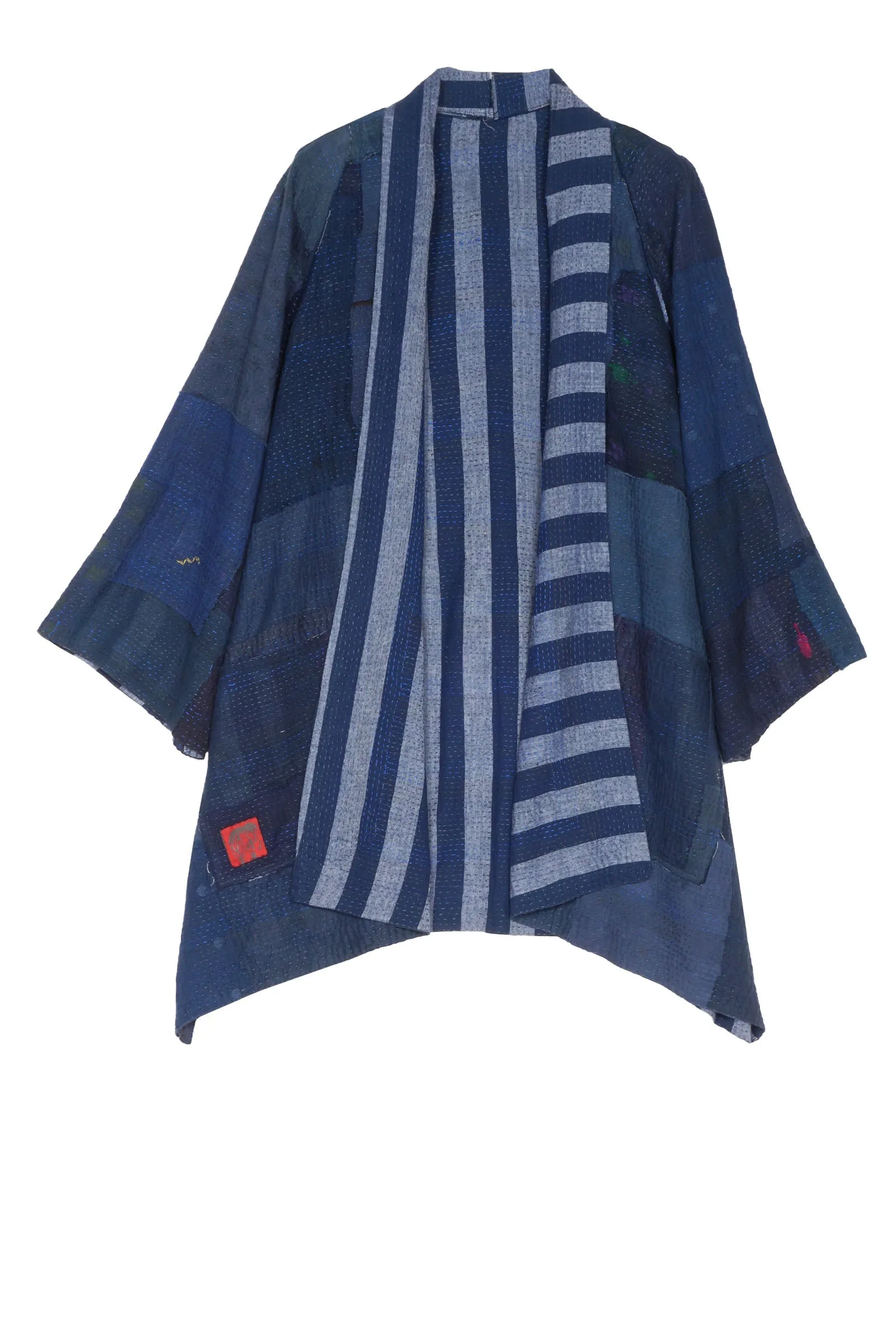 WOVEN STRIPE FRAYED PATCH BACK KANTHA A-LINE JKT - wp2003-nvy -
